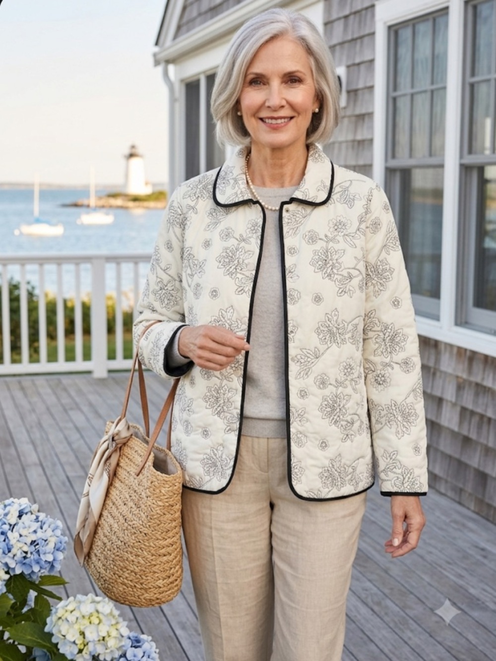 Analogy White Black Floral Quilted Snap Front Jacket Piping Peter Pan Collar M